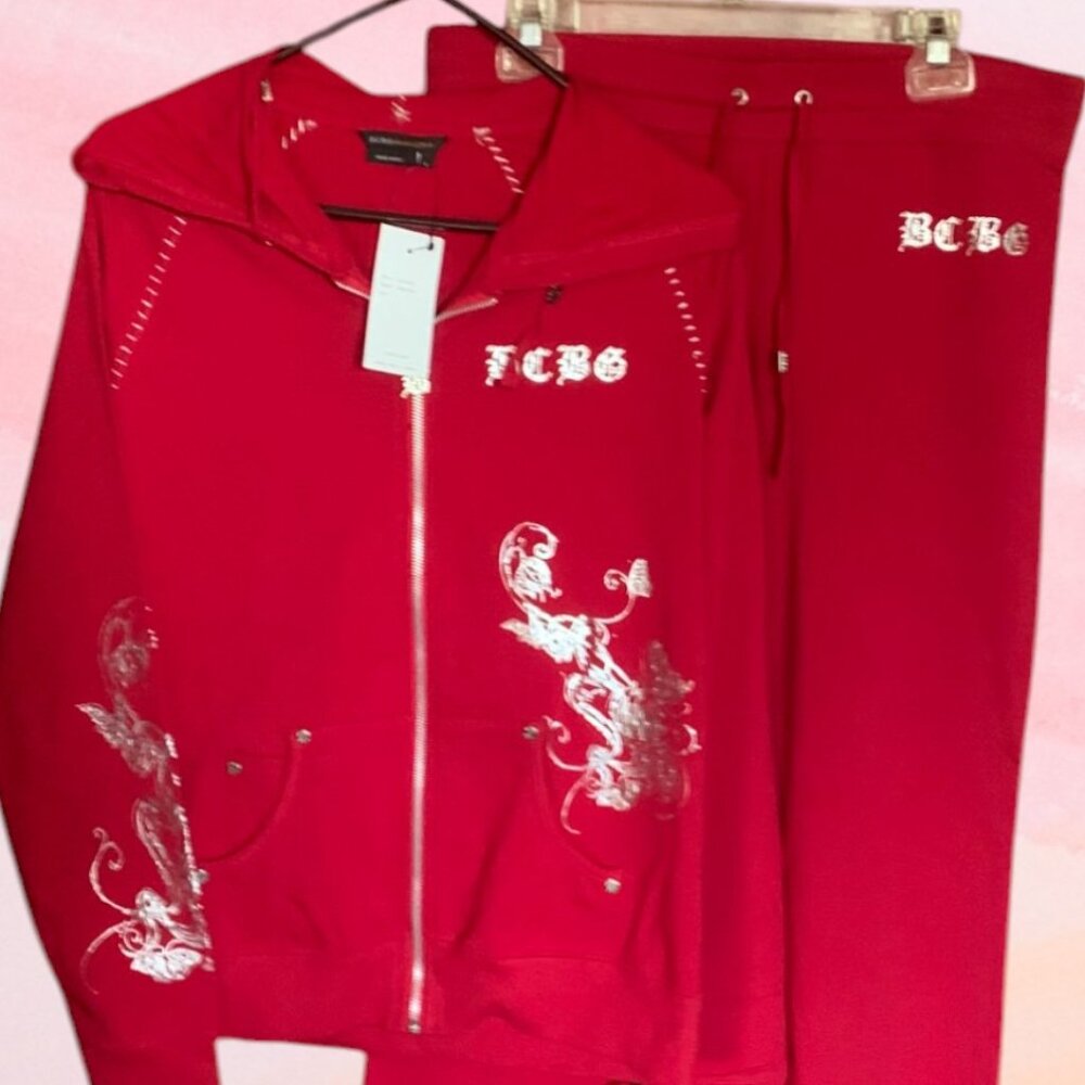 New Tango Red BCBGMaxazria Sequin Cotton Zip Hoodie Sweatshirt & Pants Sport Set